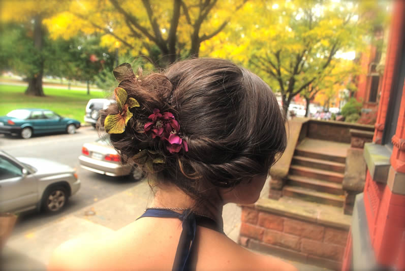 Brunette Flower Up Do Picture, Hair Dresser, Albany, NY - Complexions Spa for Beauty and Wellness