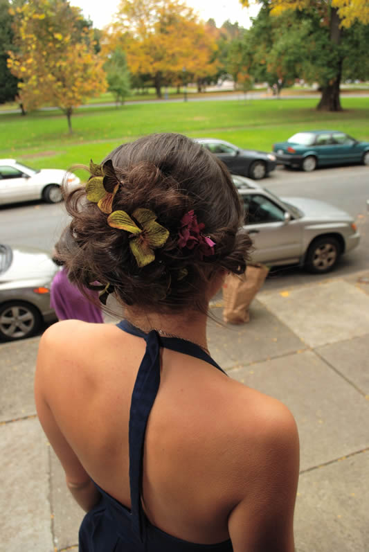 Close Up Photo, Brunette, Flower In Hair, Hair Stylist Albany, NY - Complexions Spa for Beauty and Wellness