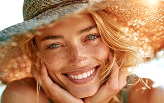 Beautiful young woman wearing a straw hat and summer dress smiling with a bright sun behind her